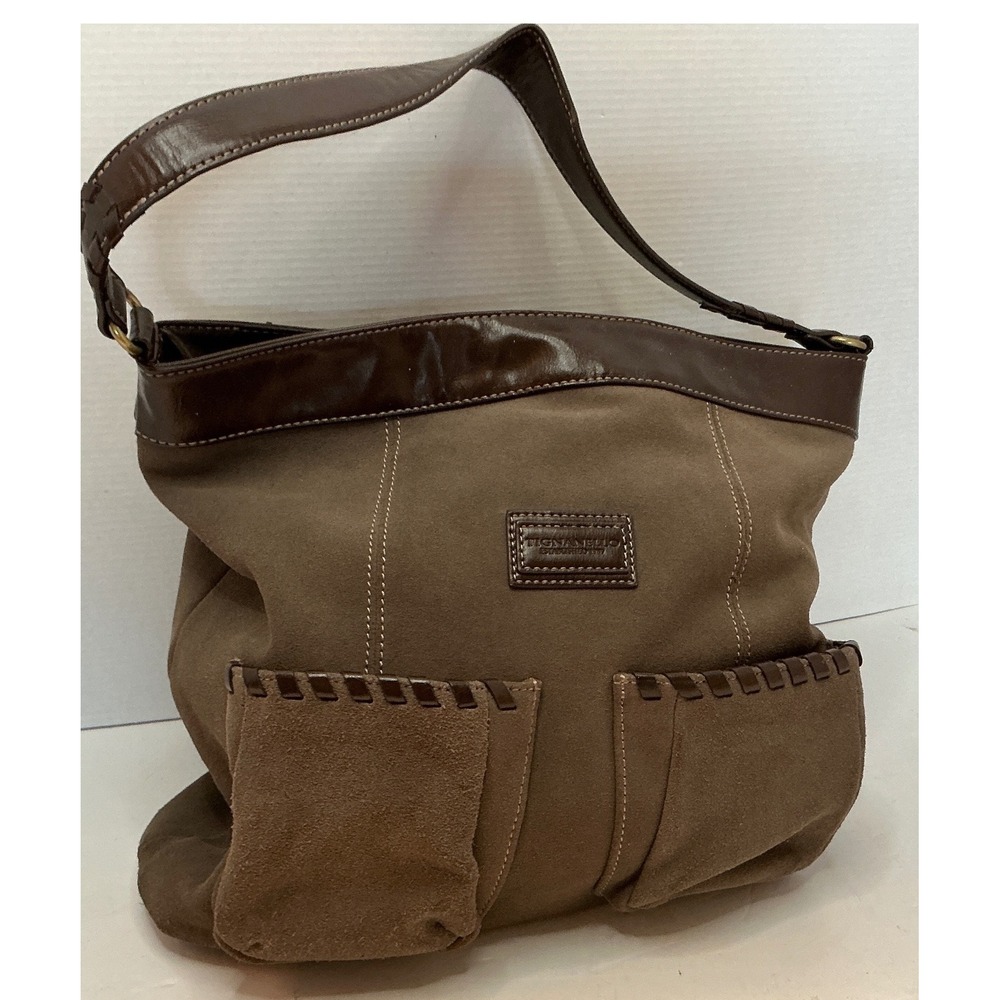 Tignanello Vintage Shoulder Bag Brown Suede Leather Whipstitch Large Hobo Tote